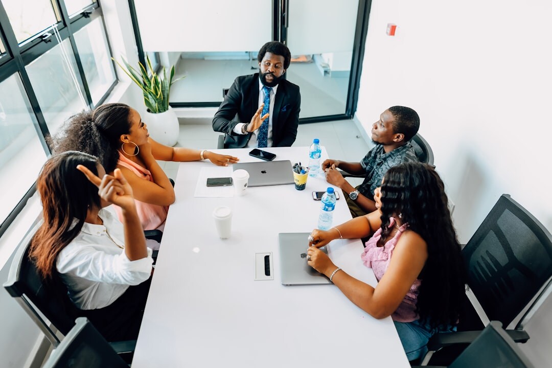 team discussing strategy in office